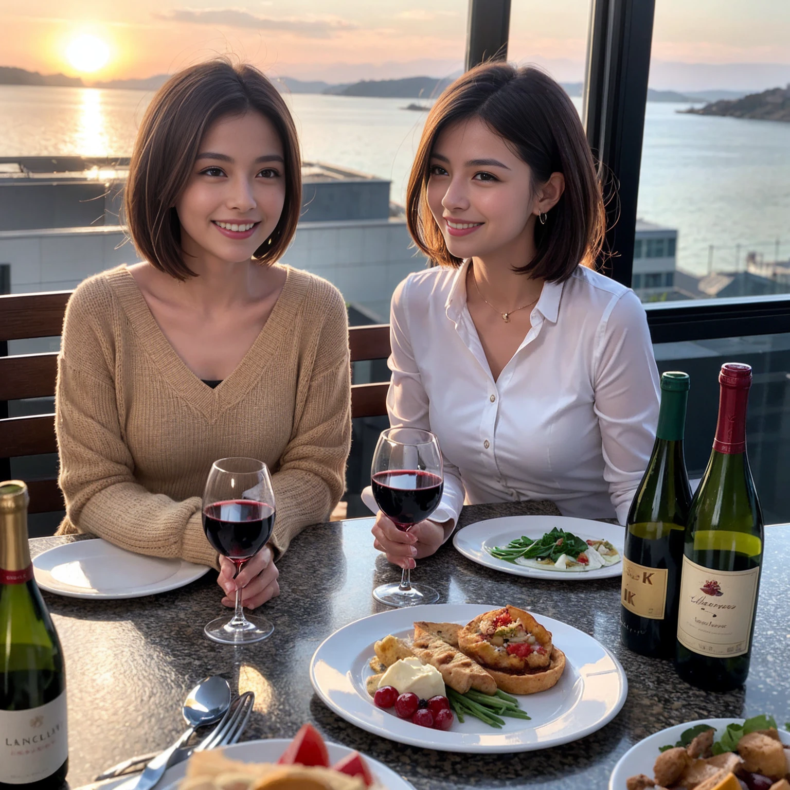 ((Highest quality、8K、masterpiece:1.3))、 (Ultra-realistic、 Genuine、Bright image、Intricate details:1.2), 最高のsmile、Slim Beauty、1 male 1 female、Beautiful couple、love love love、Roman Lovers、Good friends、actress couple、smile、Full-course dinner at a packed table、 (Slim face), (the body is slim), (Brown Hair), (short hair), テーブルのwine glass、Please shine a light on my face、 Amazing view of the sunset sky and clouds、 years old 39 years old, red wine 、Appetizers、Wine bottle、sparkling wine、Long sleeve shirt、dress、White wine, red wine, wine glass,