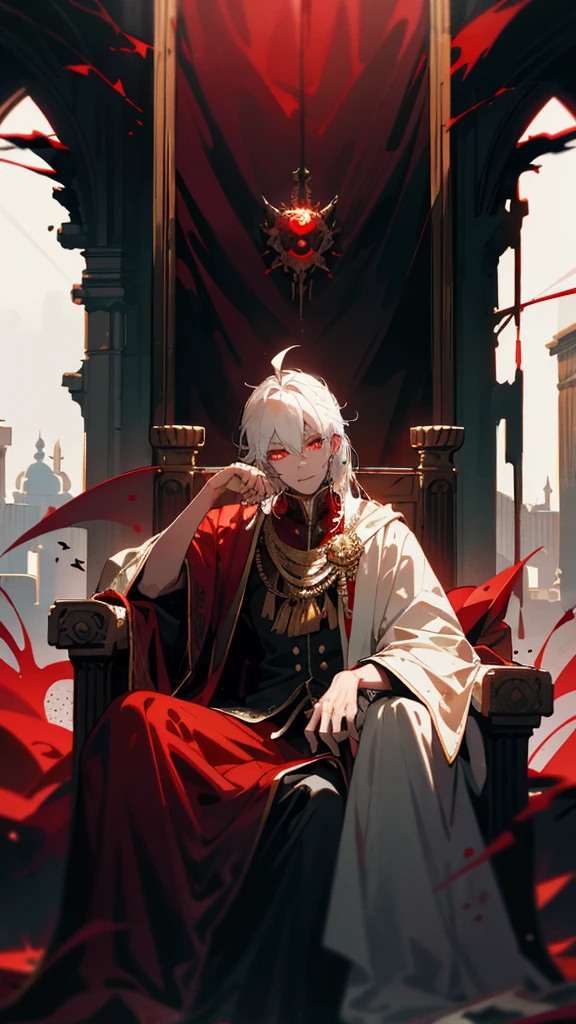 white haired, A red-eyed prince sits on a majestic throne inside an abandoned palace. The environment around it is dark and gloomy, with evil red eyes in the walls and cobwebs hanging there. The throne is richly decorated, with details of gold and precious stones, and covered with a dusty cloth. The protagonist is dressed in royal clothes, when he looks at the horizon with glowing red eyes, Masterpiece, Best Quality, Ultra-detailed, illustartion, concept art in 8K resolution, Fantasy art, epic art, concept art wallpaper 4k, Deep color, natural lighting