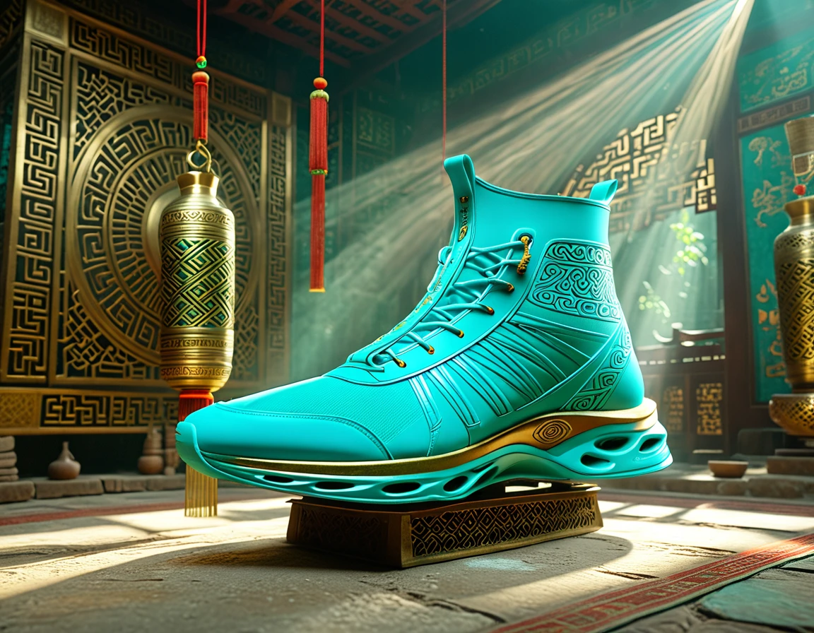 A turquoise lightweight running shoe, suspended on a cultural relic, high definition, 8K,A beautiful photo of a Sanxingdui cultural relic, captured with the essence of time, studio lighting, and post-processing in 8K resolution. The use of Unreal Engine 5 creates stunning details with CGI, SFX, and VFX, providing movie-like shadows and lighting effects. The illuminated environmental setting adds a touch of brilliance, embodying the golden ratio,xianxia,guofeng