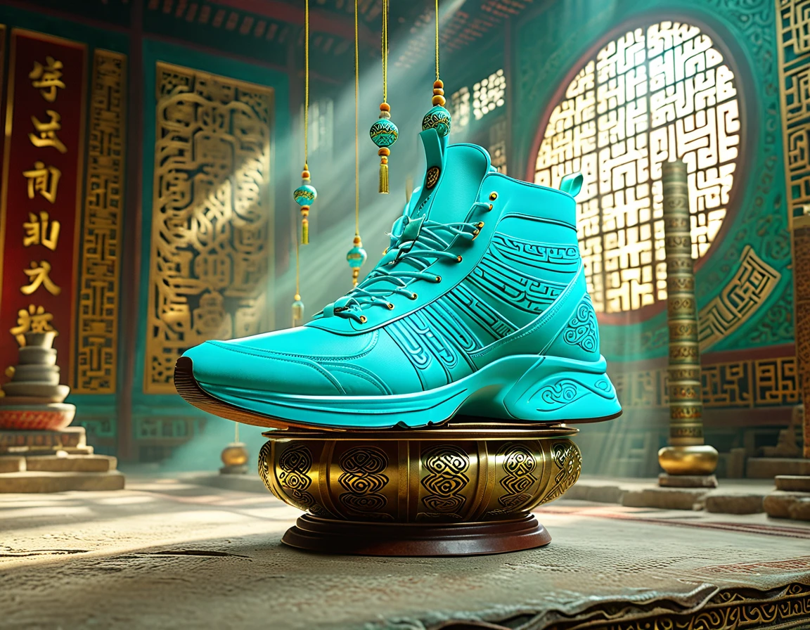 A turquoise lightweight running shoe, suspended on a cultural relic, high definition, 8K,A beautiful photo of a Sanxingdui cultural relic, captured with the essence of time, studio lighting, and post-processing in 8K resolution. The use of Unreal Engine 5 creates stunning details with CGI, SFX, and VFX, providing movie-like shadows and lighting effects. The illuminated environmental setting adds a touch of brilliance, embodying the golden ratio,xianxia，guofeng