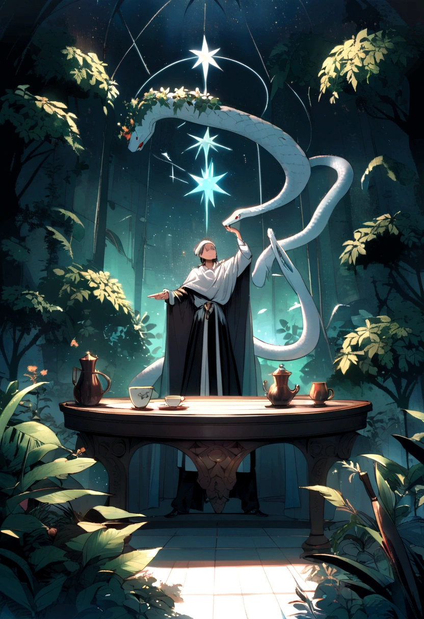 A magician stands with one arm stretched upwards towards the Universe, and the other pointing down to the earth. The Magician’s robe is white, and his cloak is red. On a table in front of him are a cup, pentacle, sword and wand. Above his head is the infinity symbol, and around his waist is a snake biting its own tail. in the foreground is an array of foliage and flowers,