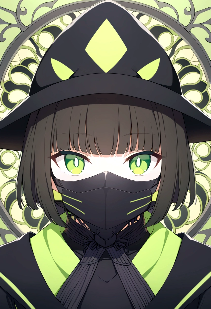 1 gatora, neon green eyes, black long straigh hair with bangs, mask covering the mouth and nose, black samurai hat, green aurea around the body 