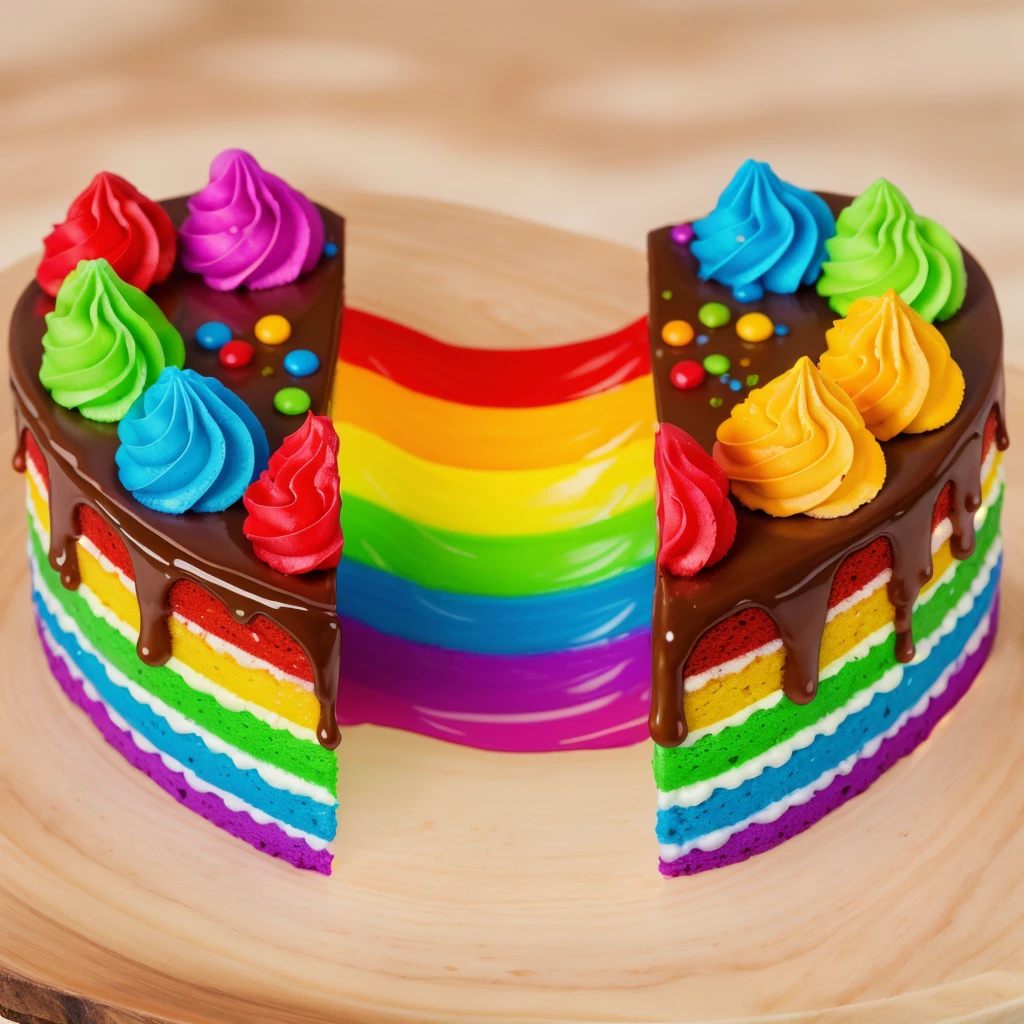 on a wooden table, heart shaped cake,  cut in half.  Rainbow liquid cream flows out of the cake. drips. радужные drips выливаются, realistic picture, Realistic style, realistic textures, bright lighting, beautiful light source, detailed textures, high quality, A high resolution, macro photography, ultra 4k hd.