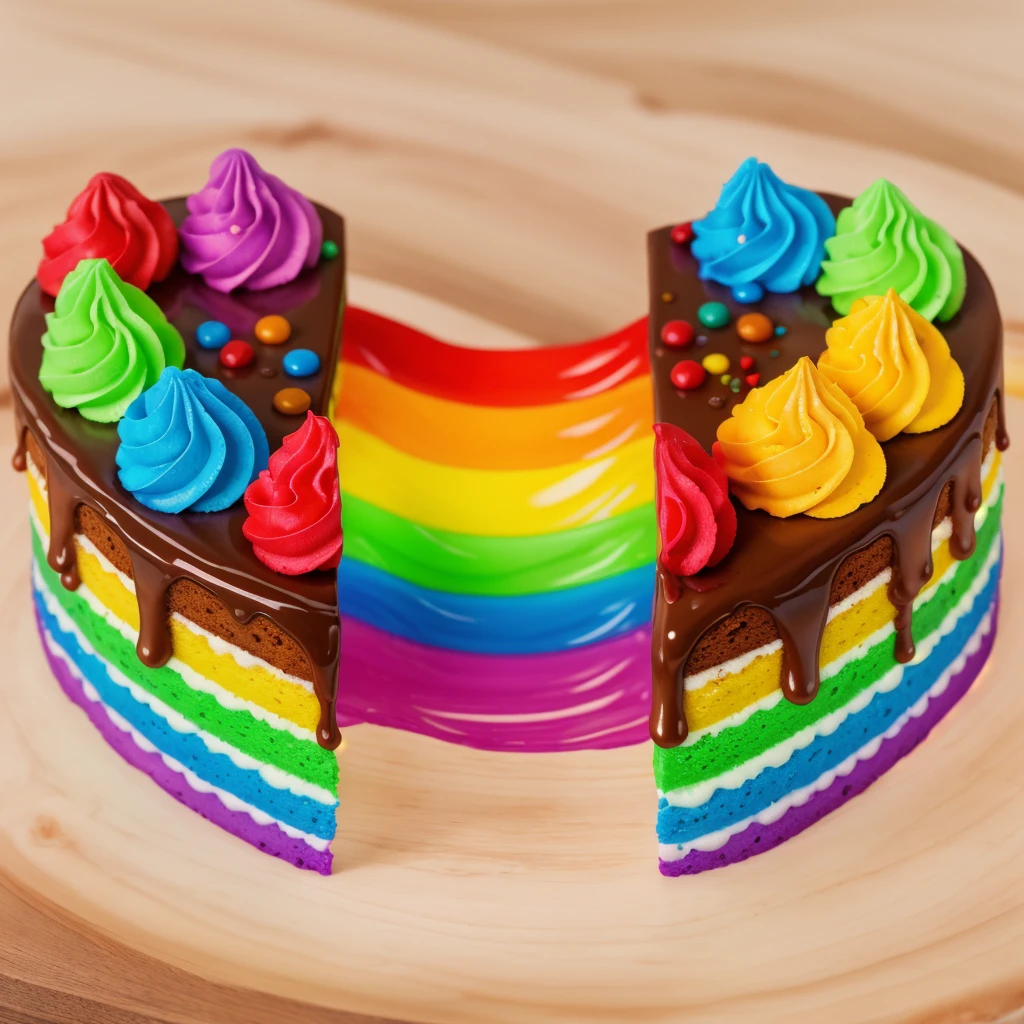 on a wooden table, heart shaped cake, cut in half. Rainbow liquid cream flows out of the cake. drips. радужные drips выливаются, realistic picture, Realistic style, realistic textures, bright lighting, beautiful light source, detailed textures, high quality, A high resolution, macro photography, ultra 4k hd.