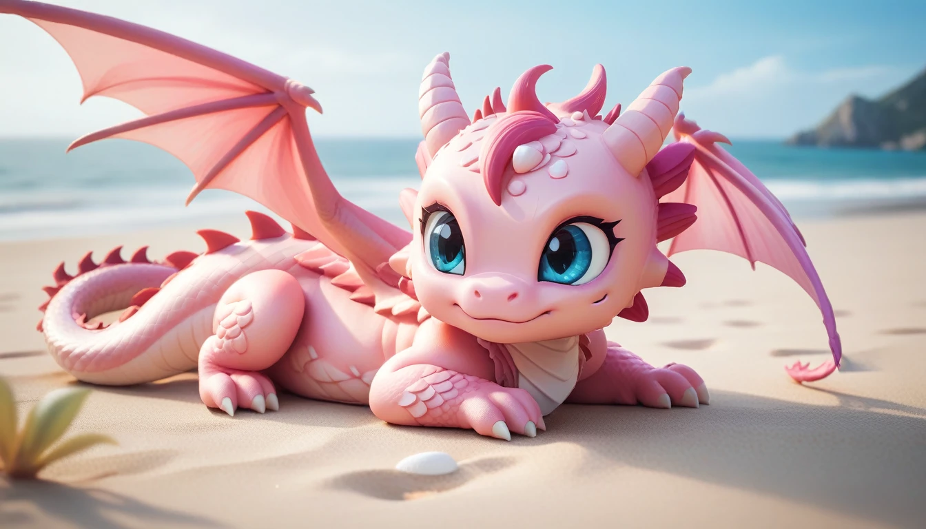 masterpiece,high quality,Monster,独奏,dragon ,(chibi:1.2),pink body,pink dragon,horns,wings,lying on the ground,injured,unhappy,looking forward,looking sideways,head focus,poor,seaside,beach,blue sky,landscape,(non-human:1.2),lying,frustrated_brow,annoyed,frustrated,on stomach,Painful expression，(The expression to cry:1.2)