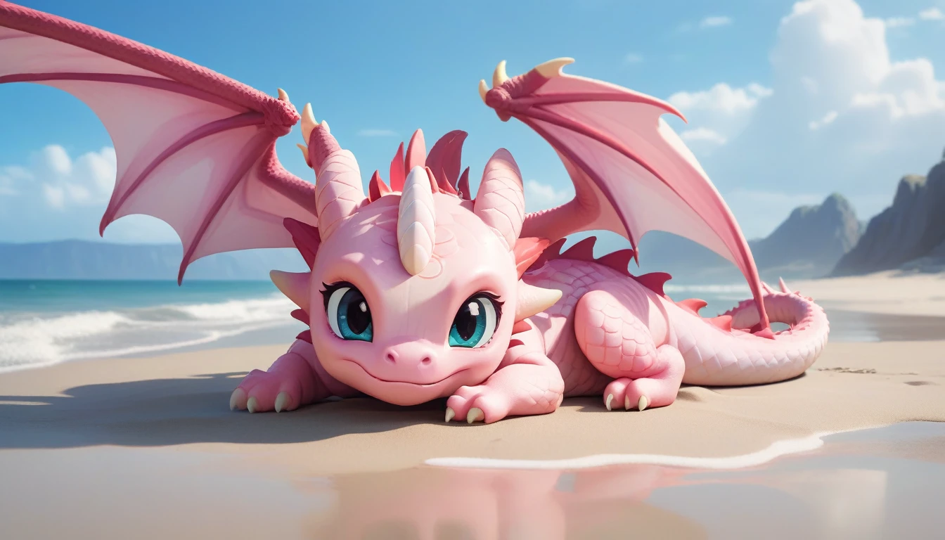 masterpiece,high quality,Monster,独奏,dragon ,(chibi:1.2),pink body,pink dragon,horns,wings,lying on the ground,injured,unhappy,looking forward,looking sideways,head focus,poor,seaside,beach,blue sky,landscape,(non-human:1.2),lying,frustrated_brow,annoyed,frustrated,on stomach,Painful expression，(The expression to cry:1.2)