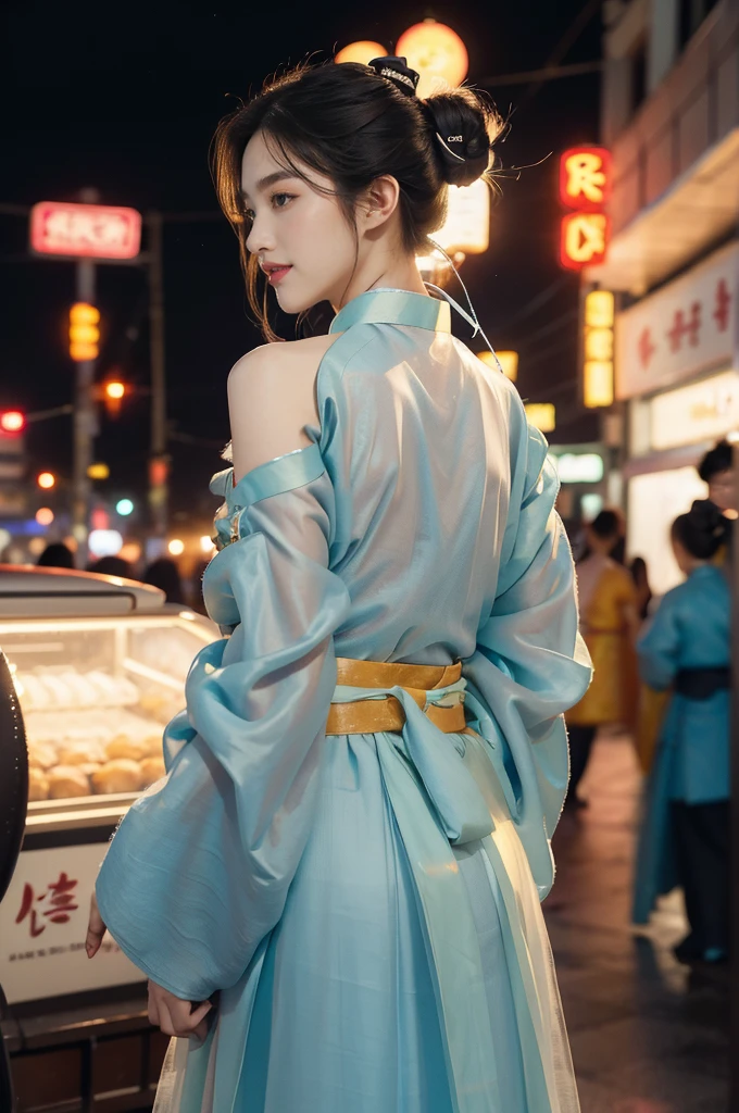 (((best quality))),(((ultra detailed))),(((masterpiece))),illustration,1girl,bun hair,(see through gauze hanbok:1.3),collar,slim,laughing, summer night,Korean city scape, street, neon signs, beautiful, vibrant, detailed facial features,medium hair, elegance, cultural atmosphere, bustling city,tall buildings full of colorful advertisements, reflections, lively atmosphere, street food aroma,upper body,from back,(shoulder off,bare back,towering hips,butt crack)