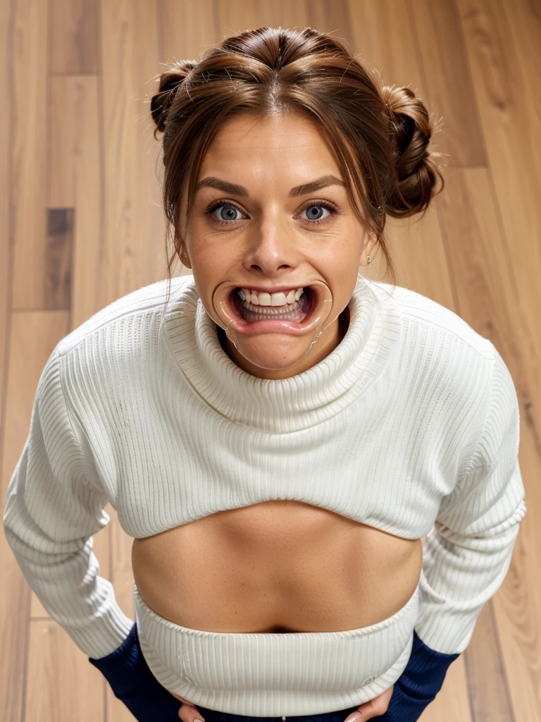 Owned prisoner wife messy long hair thrown into a messy bun ponytail. She wears: ( full turtleneck high ribbed bwhite tight sweater:1.1), seductive smile, perfect fake ????, ????? eager granny, teasing ???? old lady, mouth retractor gag, turtleneck top, saliva dribble, standing looking down