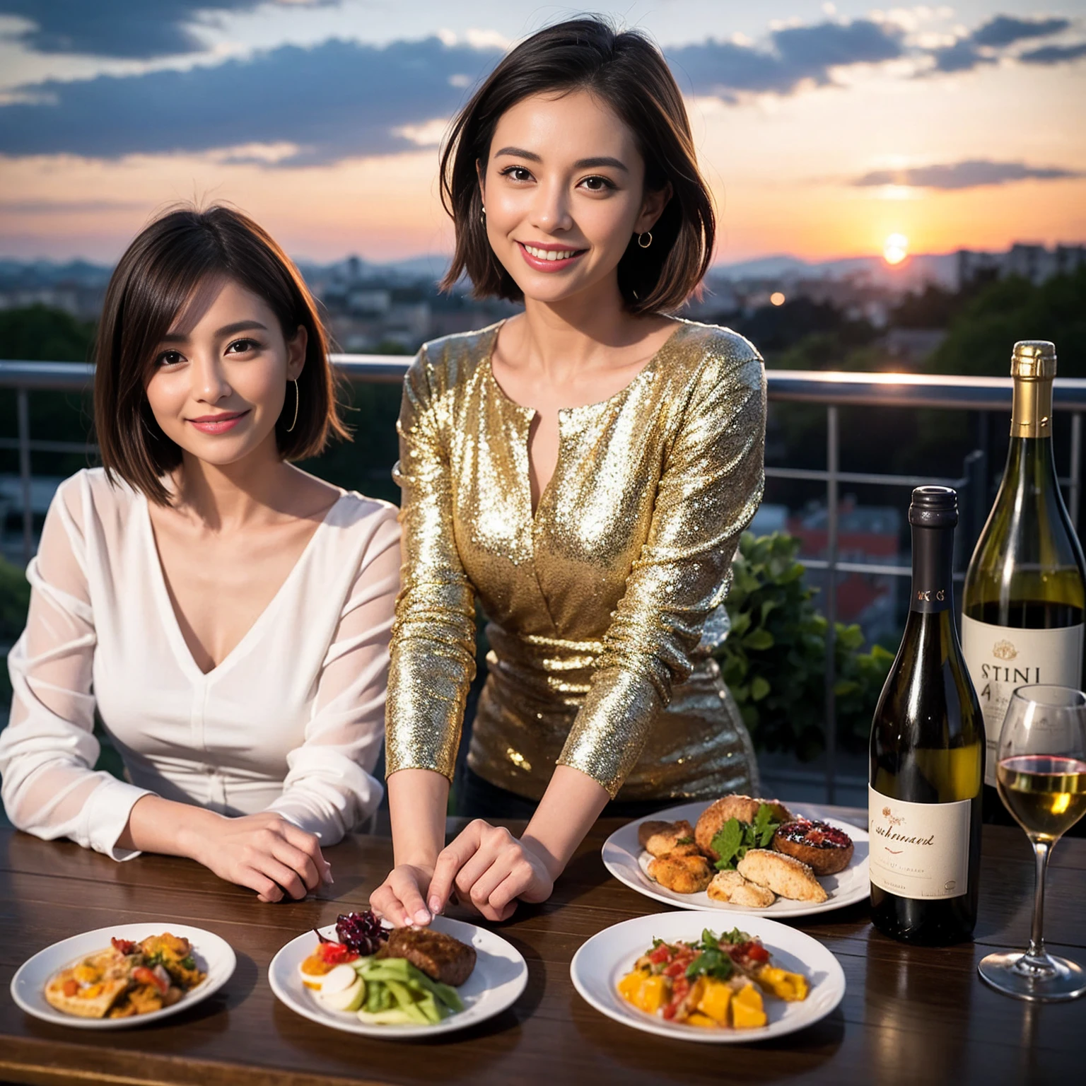 ((Highest quality、8K、masterpiece:1.3))、 (Ultra-realistic、 Genuine、Bright image、Intricate details:1.2), 最高のsmile、Slim Beauty、1 male 1 female、Beautiful couple、love love love、Roman Lovers、Good friends、actress couple、smile、Full-course dinner at a packed table、 (Slim face), (the body is slim), (Brown Hair), (short hair), テーブルのwine glass、Please shine a light on my face、 Amazing view of the sunset sky and clouds、42 years old 39 years old, red wine 、Appetizers、Wine bottle、sparkling wine、Long sleeve shirt、dress、White wine, red wine, wine glass,
