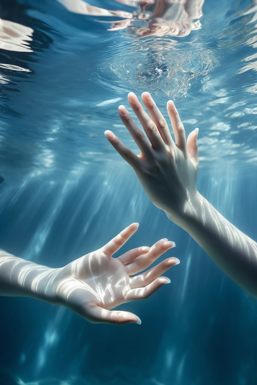 close-up image of hands submerged underwater, pale skin tones, clear ripples and reflections, cool color palette with blues and whites, high-contrast lighting, young adult, realism photograph, inspired by zena holloway, best quality