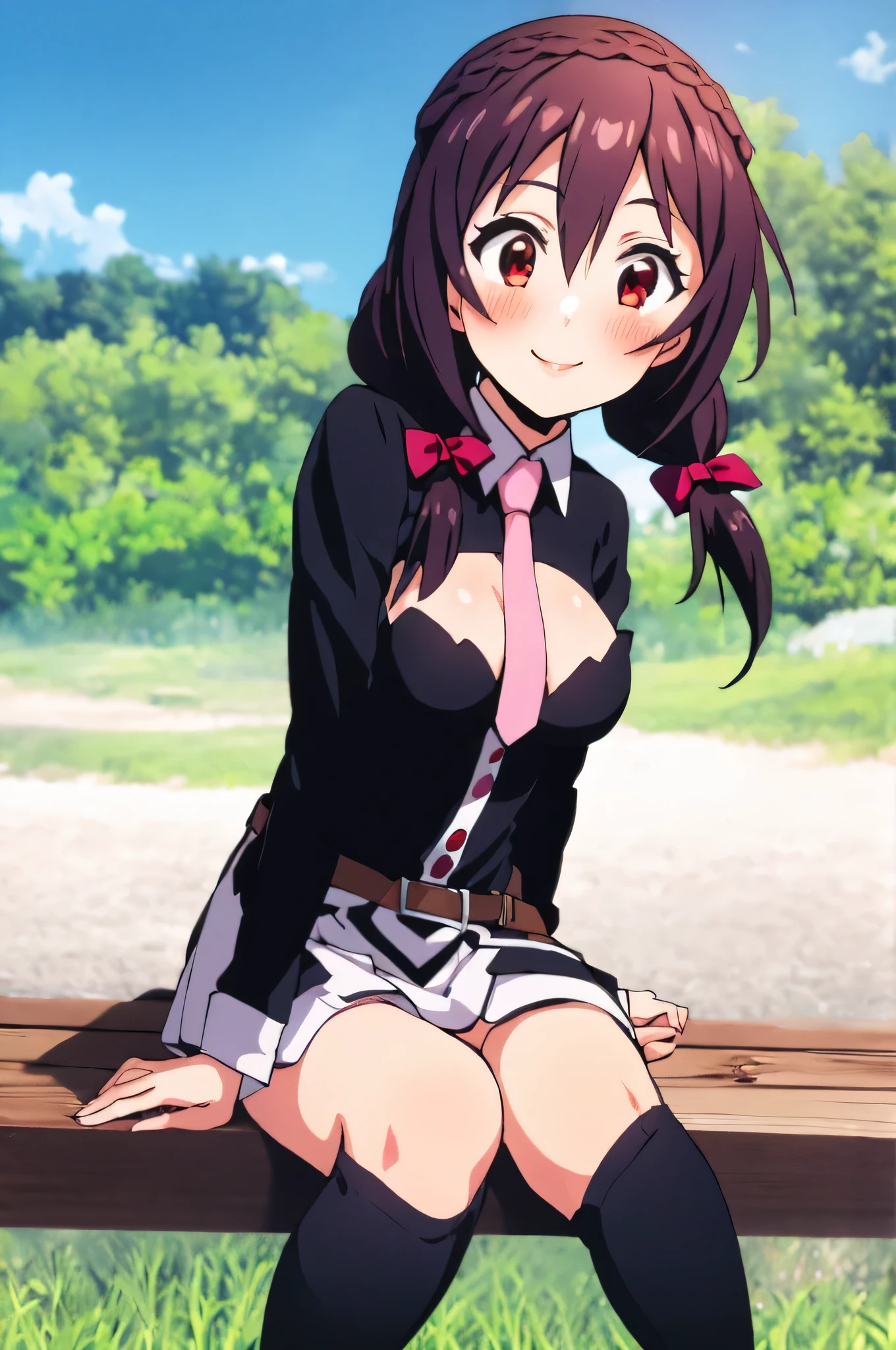 (masterpiece, Highest quality), One girl, Yunyun,Long Hair,Braiding,Twin tails,Hair between the eyes,Red hair ribbon,hair ornaments,large round breasts,、Pink Skirt、Black Hair、Red Eyes、(The best smile:1.2)、Crown Blade,Black Shirt, Long sleeve,Pink tie, belt, Cleavage cutout、cowboy shot、(blush:1.ung face、(Sitting in the meadow)