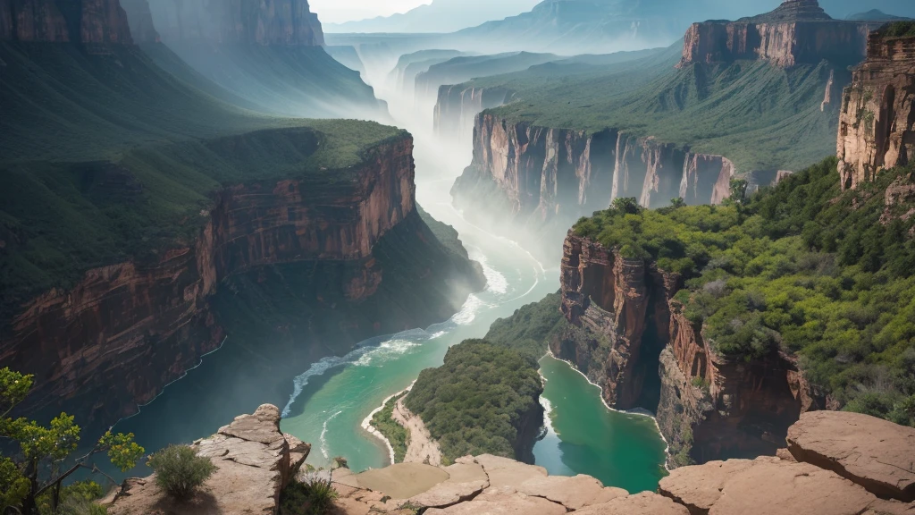 Photorealistic image taken with a Fuji X-T5, showing a breathtaking birds-eye view of a grand canyon-like ravine captured from a high-altitude drone during a dramatic sunset. The weather is very dark, cloudy, rainy, and foggy, with sun beams breaking through the clouds creating beautiful lens flares. The canyon features deep, rugged cliffs with jagged edges and lush, verdant foliage clinging to its sides. A turquoise river winds through the bottom of the canyon, with waterfalls cascading down the cliffs, adding to the ethereal atmosphere. Mist rises from the canyon floor, blending with the fog, creating a mystical, summer fever dream effect. The scene includes a vibrant, surreal tone, with the digital screen glitching subtly to enhance the dreamlike quality. The environment showcases aquatic cosmopolitan tropical foliage, including Ludwigia, Hornwort, and large green leaf plants, along with a verdant rainforest in the background. The image captures the dynamic transition from day to night, with the canyon shining brightly amidst the gloomy weather."