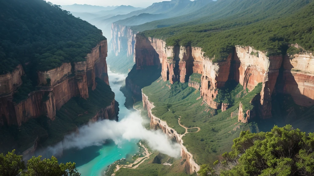 Photorealistic image taken with a Fuji X-T5, showing a breathtaking birds-eye view of a grand canyon-like ravine captured from a high-altitude drone during a dramatic sunset. The weather is very dark, cloudy, rainy, and foggy, with sun beams breaking through the clouds creating beautiful lens flares. The canyon features deep, rugged cliffs with jagged edges and lush, verdant foliage clinging to its sides. A turquoise river winds through the bottom of the canyon, with waterfalls cascading down the cliffs, adding to the ethereal atmosphere. Mist rises from the canyon floor, blending with the fog, creating a mystical, summer fever dream effect. The scene includes a vibrant, surreal tone, with the digital screen glitching subtly to enhance the dreamlike quality. The environment showcases aquatic cosmopolitan tropical foliage, including Ludwigia, Hornwort, and large green leaf plants, along with a verdant rainforest in the background. The image captures the dynamic transition from day to night, with the canyon shining brightly amidst the gloomy weather."