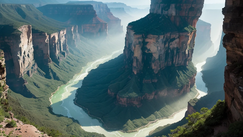 Photorealistic image taken with a Fuji X-T5, showing a breathtaking birds-eye view of a grand canyon-like ravine captured from a high-altitude drone during a dramatic sunset. The weather is very dark, cloudy, rainy, and foggy, with sun beams breaking through the clouds creating beautiful lens flares. The canyon features deep, rugged cliffs with jagged edges and lush, verdant foliage clinging to its sides. A turquoise river winds through the bottom of the canyon, with waterfalls cascading down the cliffs, adding to the ethereal atmosphere. Mist rises from the canyon floor, blending with the fog, creating a mystical, summer fever dream effect. The scene includes a vibrant, surreal tone, with the digital screen glitching subtly to enhance the dreamlike quality. The environment showcases aquatic cosmopolitan tropical foliage, including Ludwigia, Hornwort, and large green leaf plants, along with a verdant rainforest in the background. The image captures the dynamic transition from day to night, with the canyon shining brightly amidst the gloomy weather."