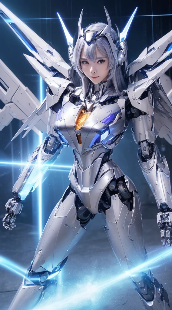 ((Intense action pose:1.6))、((Shining lenses on both breasts:1.3))、((Blue pillars of light are emanating from both chests.:1.3))、smile、((8K)), ((32k)), ((Highest quality)), ((masterpiece)), ((超A high resolution)), ((Tmasterpiece)), ((Halation:1.4))、((Mechaニカルheadgear:1.2))、((Cyber headphones:1.3))、Fine skin, High quality fabric, Fine metal texture、((Beautiful and dense face))、RAW Photos、Professional, Ultra-fine painting, ((alone)), Beautiful breasts、Highest quality, Very detailed, Very detailed詳細, Finer details, so beautiful, ((Princess Knight Robot:1.2)), (Joints of machines, Mechanical Limbs:1.3), (The internal structure of the machine is exposed:1.3), (Long silver hair:1.1), (Beautiful and huge mechanical breasts)、White Veil, cowboy_shot, Side Focus, headgear, Shiny、(Five Fingers, Four fingers and thumb),Concept Art, Anime fantasy artwork, Detailed fantasy art, (with pale blue-violet hair and large white wings,,,,,,,), (((Long silver hair))), (Mecha:1.6)、Sleek and intimidating design, ((Commander-in-Chief'arm)), (Perfect robot body)、純白と青紫armまたは, Symmetrical wings, 8K high quality, detailed art, 3D rendering of character art in 8K, neat legs, Defined, Defined fingers,