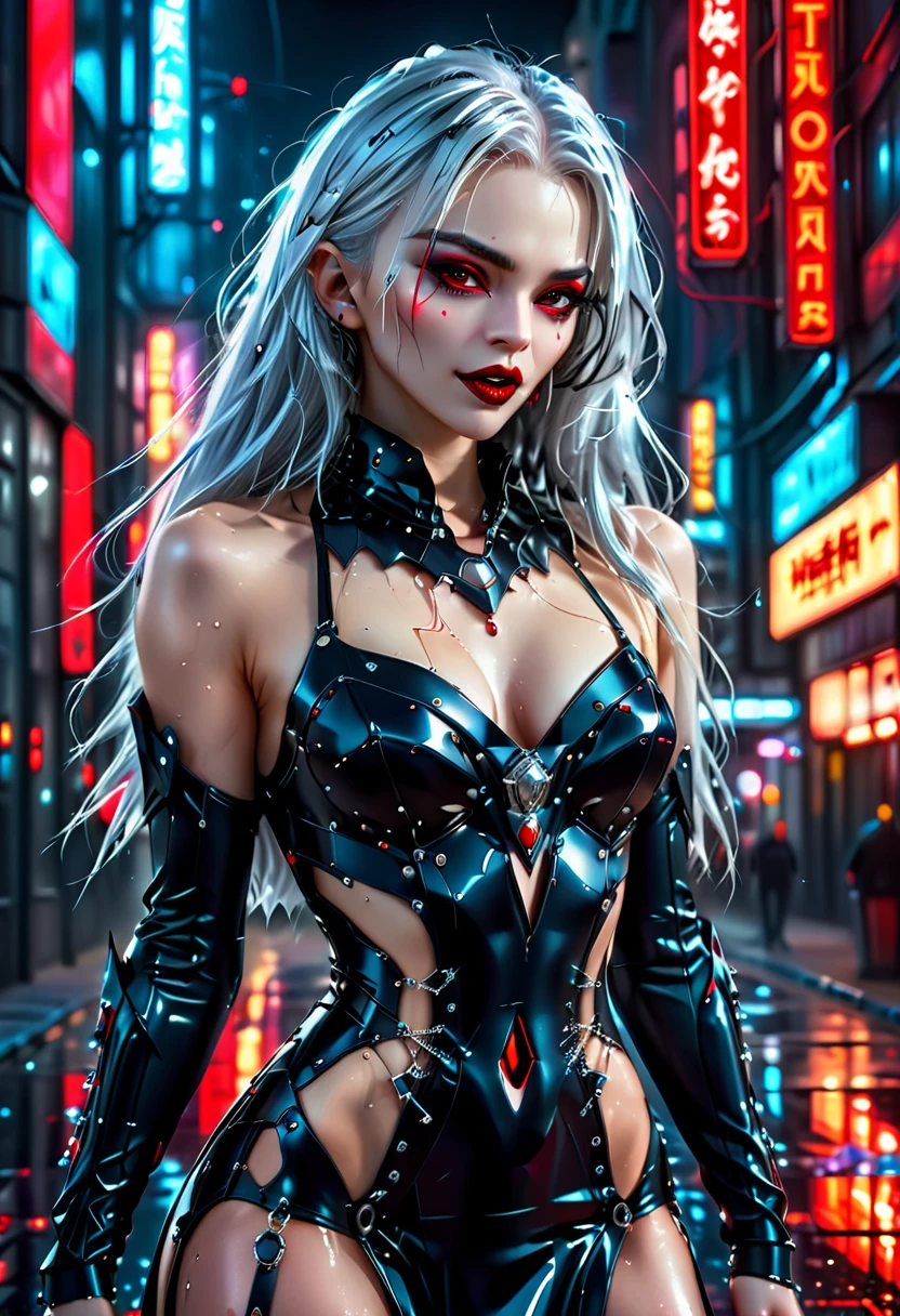 ((a photorealistic glamour shot of an exquisite, glamour mecha female vampire: 1.5)), ((full body: 1.3)), ultra feminine, pale face, silver hair, long vibrant shiny hair, glamorous hair,  red eyes, miniatures mechanical , deep penetrating eyes, red lips, lustful lips, ((two visible vampiric fangs: 1.5), drops of blood dripping from the mouth, ((cyberpunk style: 1.5)), she wears (blue elegant glamour dress, with small delicate mechanical parts: 1.4), digital parts,  intricate details, the dress is studded with diamonds, tight suit, dynamic color, high heels, cyberpunk street at night background, (highest quality:1.2, Very detailed, up to date, Vibrant, Ultra-high resolution, High Contrast, masterpiece:1.2, highest quality, Best aesthetics), best details, best quality, highres, ultra wide angle, 16k, [ultra detailed], masterpiece, best quality, (extremely detailed), Genetically modified..., Cinematic Hollywood Film, nijimecha, liquid dress