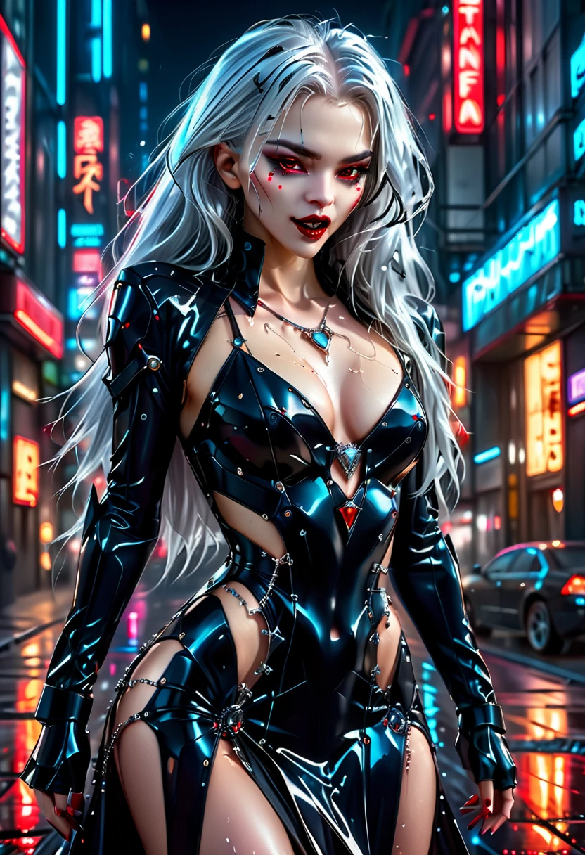 ((a photorealistic glamour shot of an exquisite, glamour mecha female vampire: 1.5)), ((full body: 1.3)), ultra feminine, pale face, silver hair, long vibrant shiny hair, glamorous hair,  red eyes, miniatures mechanical , deep  eyes, red lips,  lips, ((two visible vampiric fangs: 1.5), drops of blood dripping from the mouth, ((cyberpunk style: 1.5)), she wears (blue elegant glamour dress, with small delicate mechanical parts: 1.4), digital parts,  intricate details, the dress is studded with diamonds, tight suit, dynamic color, high heels, cyberpunk street at night background, (highest quality:1.2, Very detailed, up to date, Vibrant, Ultra-high resolution, High Contrast, masterpiece:1.2, highest quality, Best aesthetics), best details, best quality, highres, ultra wide angle, 16k, [ultra detailed], masterpiece, best quality, (extremely detailed), Genetically modified..., Cinematic Hollywood Film, nijimecha, liquid dress