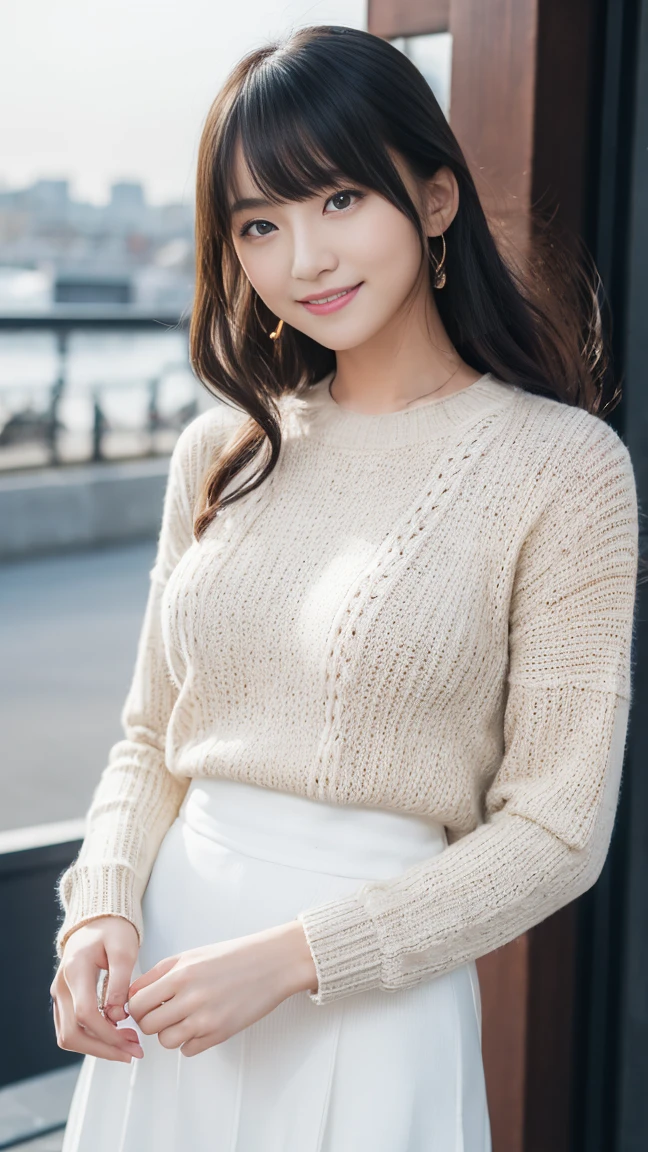 Highest quality、8k wallpaper、Reality:1.4、Photographed by a professional photographer、Cinema Lighting、View your viewers、background:Night City、1 beautiful girl、Japanese Idol、30 years old、Beautifully detailed eyes、Detailed face、Beautiful Skin、Slender、Slim waist、Thin legs、Lip balm、Blonde: 1.8、The light is shining on her hair、Fancy hairstyle:1.8、Asymmetrical bangs、Knitted sweater 、A white long skirt with a pattern、smile:1.8、Seductive pose