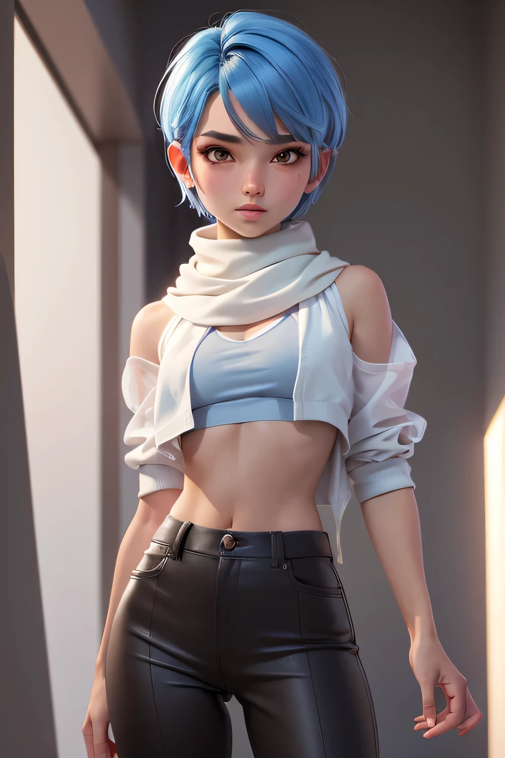 1 girl, Alone, beautiful androgynous bimbo girl, short blue hair, beautiful, short, tanned skin, medium breasts, Hispano, just pending, just clothes, parts, beautiful, 20 year old woman, beautiful, blushes1 girl, {Alone}, Upper part of the body ,{{ {looking at the viewer}}}, arm at the side, conceptual art, white bottom, simple bottom, Best Quality, Masterpiece, Dynamic Angle, Transparent_bottom, backlighting, absurdities, High resolution, ultra detailed, by the chestnut, brown eyes, just clothes, scarf.short pants