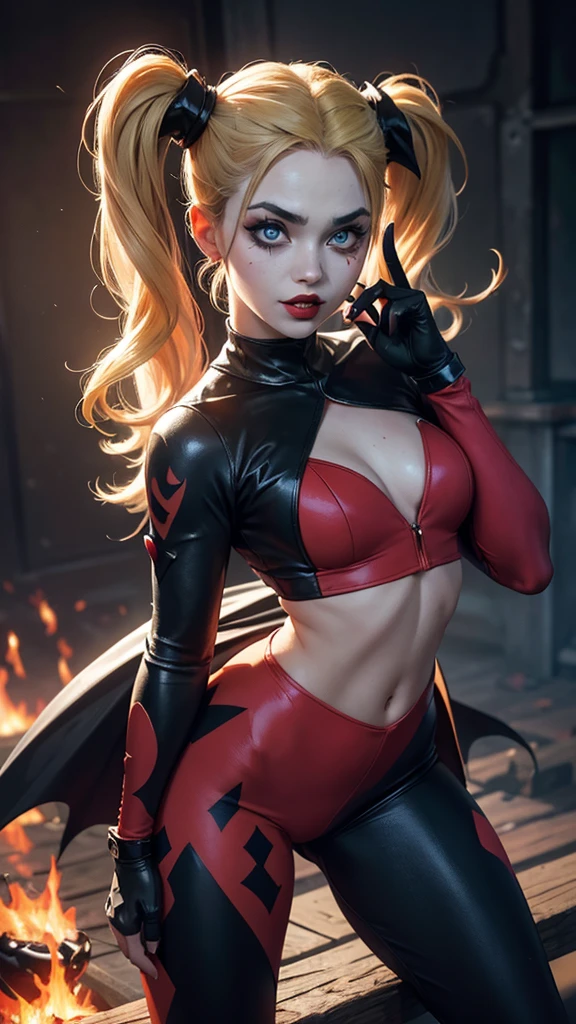 (best quality,4k,8k,highres,masterpiece:1.2),ultra-detailed,(realistic,photorealistic,photo-realistic:1.37),Harley Quinn,Margot Robbie,psychotic,Evil,scary graveyard background,nails painted red and black,manic grin,golden hair in ponytails,smudged black eye makeup,red lipstick,"Daddy's Lil Monster" tattoo on the right cheek,pale skin,skintight red and black leather outfit,black combat boots,purple and blue eye shadows,black and red striped stockings,baseball bat with "Good Night" written in blood,thorny roses growing from the ground,full moon in the night sky,bats flying in the background,dark and gloomy atmosphere,moonlight casting eerie shadows,haunting laughter filling the air