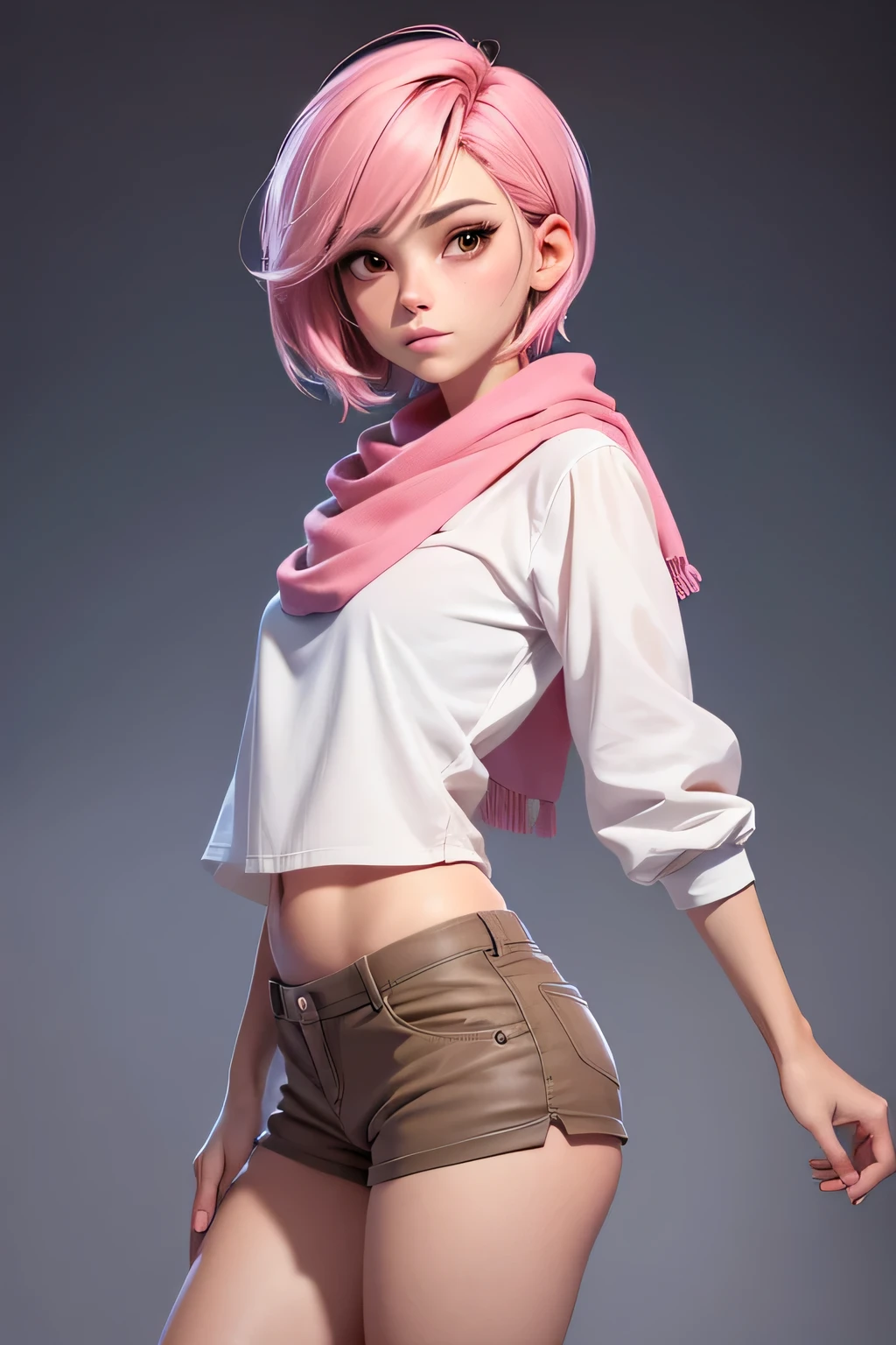 1 girl, Alone, beautiful androgynous bimbo girl, short pink hair, beautiful, short, tanned skin, medium breasts, Hispano, just pending, white shirt, parts, beautiful, 20 year old woman, beautiful, blushes1 girl, {Alone}, Upper part of the body ,{{ {looking at the viewer}}}, arm at the side, conceptual art, white bottom, simple bottom, Best Quality, Masterpiece, Dynamic Angle, Transparent_bottom, backlighting, absurdities, High resolution, ultra detailed, by the chestnut, brown eyes, just clothes, scarf.short pants