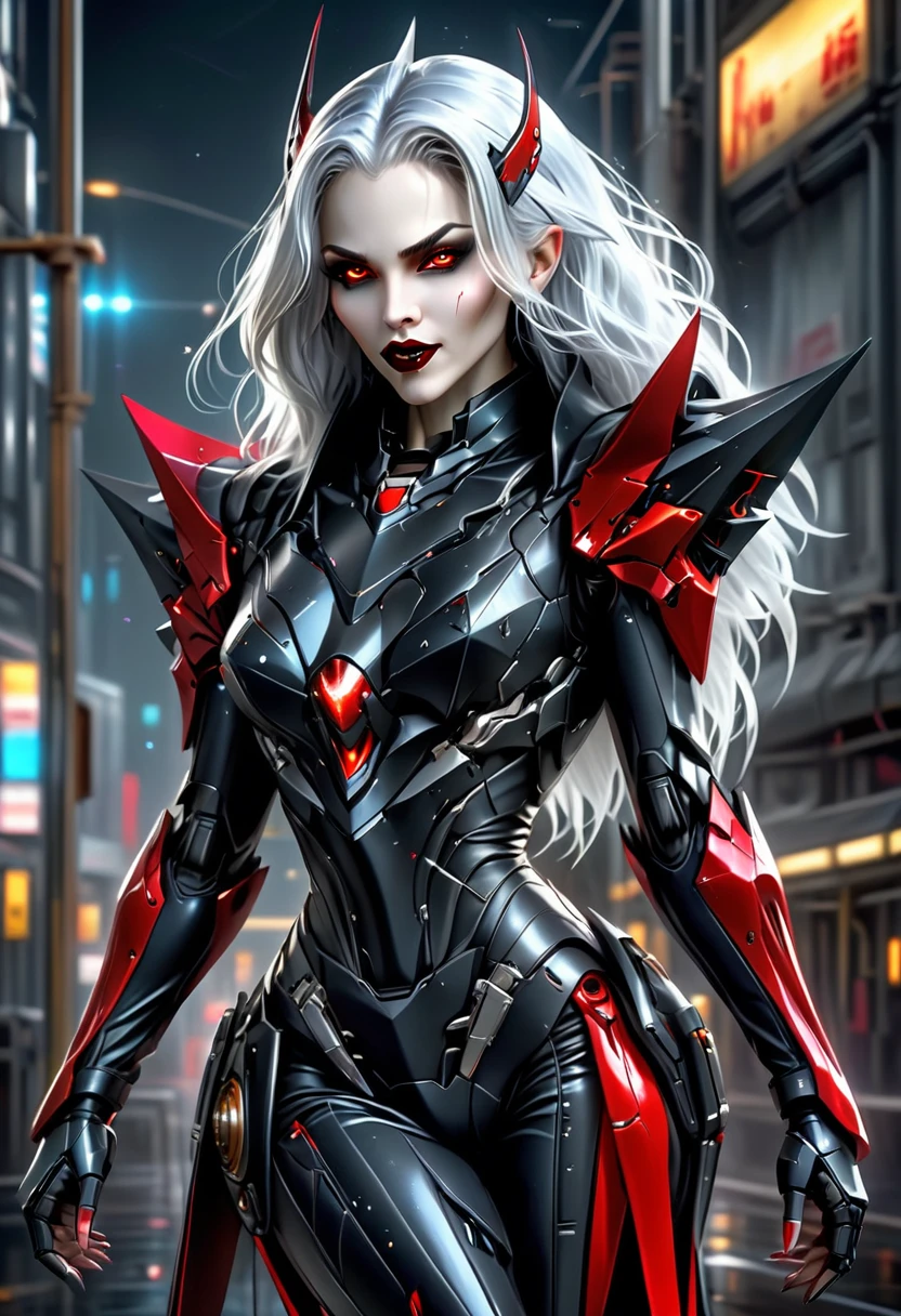 ((a photorealistic glamour shot of an exquisite, glamour mecha female vampire: 1.5)), ((full body: 1.3)), ultra feminine, pale face, silver hair, long vibrant shiny hair, glamorous hair,  red eyes, miniatures mechanical , deep penetrating eyes, red lips, lustful lips, ((two visible vampiric fangs: 1.5), drops of blood dripping from the mouth, ((cyberpunk style: 1.5)), she wears (blue elegant glamour dress, with small delicate mechanical parts: 1.4), digital parts,  intricate details, the dress is studded with diamonds, tight suit, dynamic color, high heels, cyberpunk street at night background, (highest quality:1.2, Very detailed, up to date, Vibrant, Ultra-high resolution, High Contrast, masterpiece:1.2, highest quality, Best aesthetics), best details, best quality, highres, ultra wide angle, 16k, [ultra detailed], masterpiece, best quality, (extremely detailed), Genetically modified..., Cinematic Hollywood Film, nijimecha, liquid dress