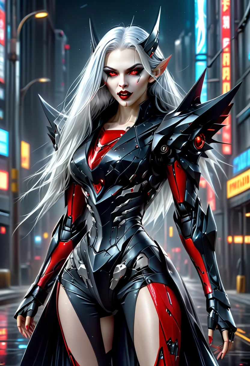 ((a photorealistic glamour shot of an exquisite, glamour mecha female vampire: 1.5)), ((full body: 1.3)), ultra feminine, pale face, silver hair, long vibrant shiny hair, glamorous hair,  red eyes, miniatures mechanical , deep penetrating eyes, red lips, lustful lips, ((two visible vampiric fangs: 1.5), drops of blood dripping from the mouth, ((cyberpunk style: 1.5)), she wears (blue elegant glamour dress, with small delicate mechanical parts: 1.4), digital parts,  intricate details, the dress is studded with diamonds, tight suit, dynamic color, high heels, cyberpunk street at night background, (highest quality:1.2, Very detailed, up to date, Vibrant, Ultra-high resolution, High Contrast, masterpiece:1.2, highest quality, Best aesthetics), best details, best quality, highres, ultra wide angle, 16k, [ultra detailed], masterpiece, best quality, (extremely detailed), Genetically modified..., Cinematic Hollywood Film, nijimecha, liquid dress