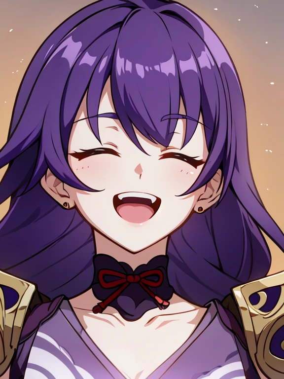 Raiden Shogun, purple hair, closed eyes, girl laughs, open mouth, with orange background, portrait, long hair