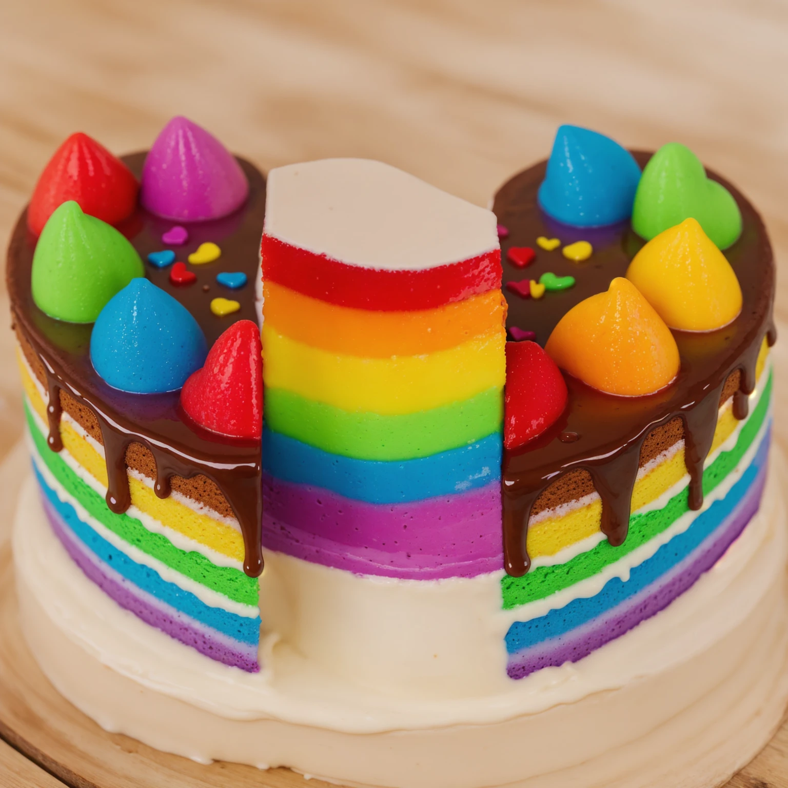 on a wooden table, heart shaped cake,  cut in half.  Rainbow liquid cream flows out of the cake. drips. радужные drips выливаются, realistic picture, Realistic style, realistic textures, bright lighting, beautiful light source, detailed textures, high quality, A high resolution, macro photography, ultra 4k hd.