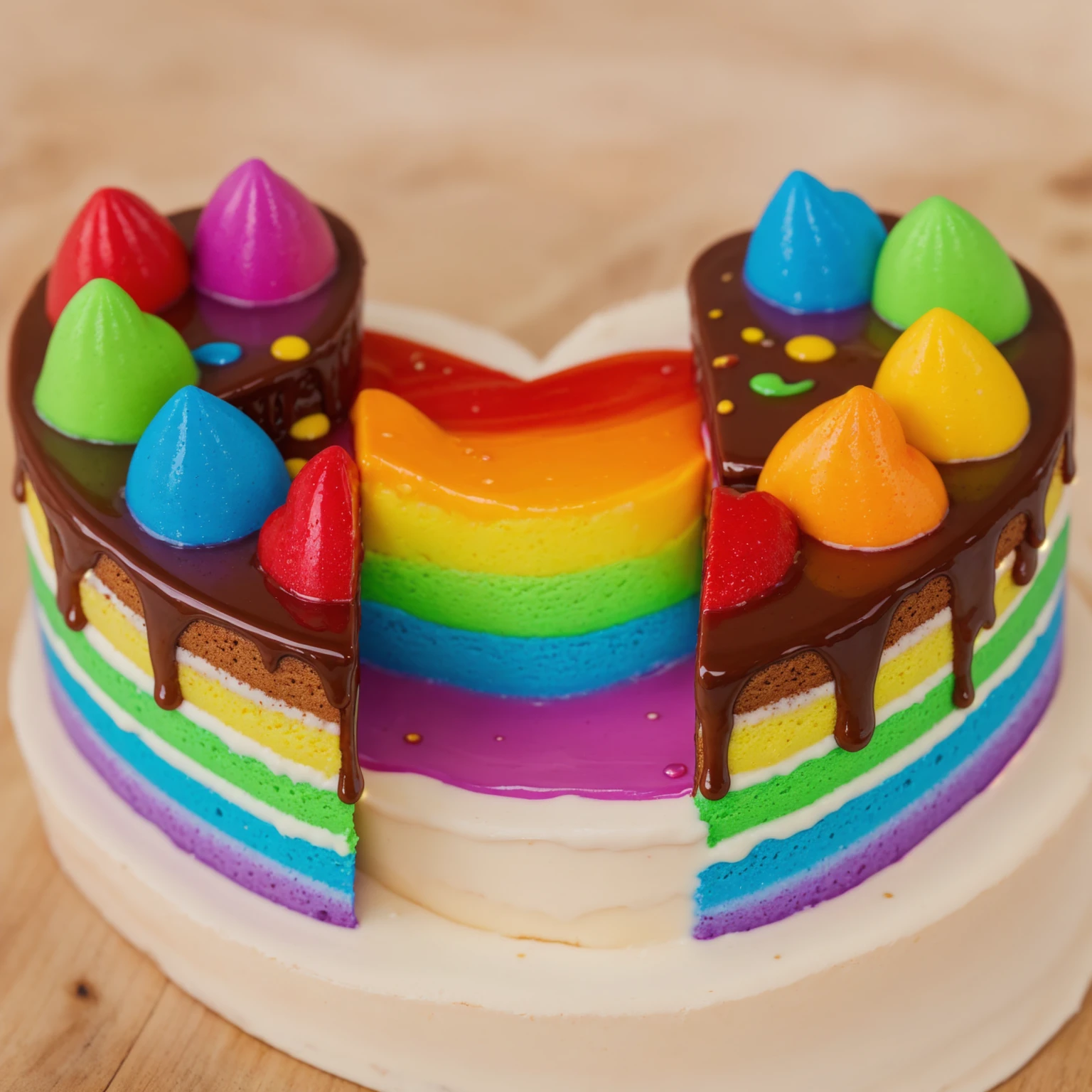 on a wooden table, heart shaped cake,  cut in half.  Rainbow liquid cream flows out of the cake. drips. радужные drips выливаются, realistic picture, Realistic style, realistic textures, bright lighting, beautiful light source, detailed textures, high quality, A high resolution, macro photography, ultra 4k hd.