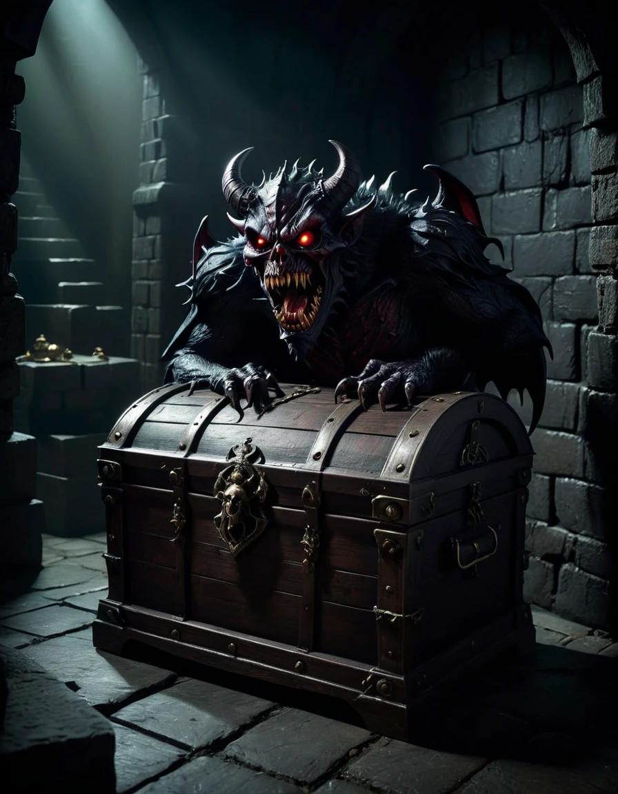 a demonic monster disguised as a treasure chest in a dark dungeon, highly detailed, ultra-realistic, hyperrealistic, 8k, photorealistic, dramatic lighting, chiaroscuro, gothic horror, moody atmosphere, deep shadows, eerie, unsettling, menacing presence, twisted, unnatural, surreal, nightmarish, masterpiece