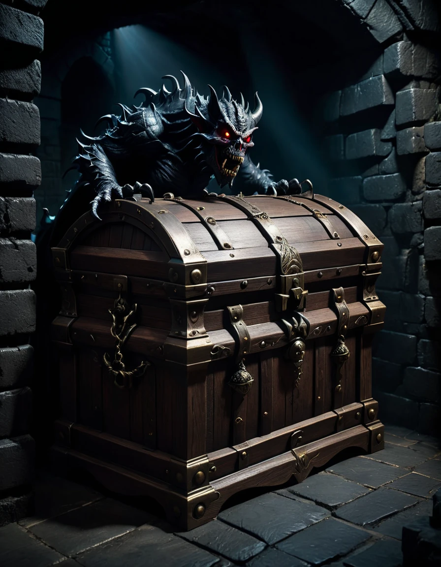 a demonic monster disguised as a treasure chest in a dark dungeon, highly detailed, ultra-realistic, hyperrealistic, 8k, photorealistic, dramatic lighting, chiaroscuro, gothic horror, moody atmosphere, deep shadows, eerie, unsettling, menacing presence, twisted, unnatural, surreal, nightmarish, masterpiece