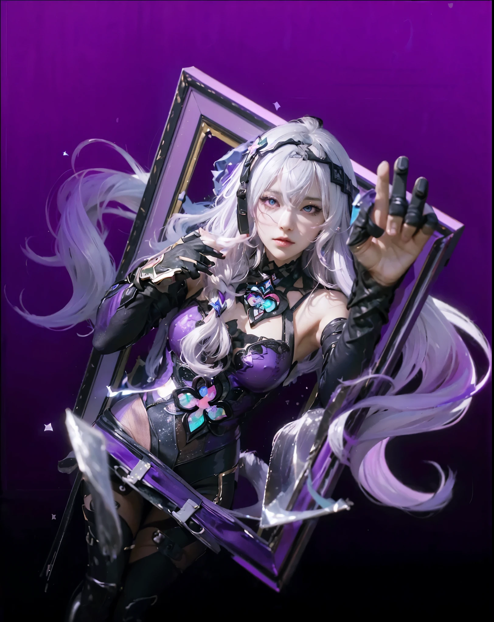 ((BLACK SWAN_HONKAI STARRAIL)),((realistic, photorealistic)),(highlight hair)), Light reflection, (( HD )),((upper body)), (((best quality, masterpiece))), (masterpiece) (best quality) (detail) (8k) (HDR) (wallpaper) (cinematic lighting) (sharp focuasterpiece, best quality: 1.1), Real life adaption of this character, Asian teen beauty face, Shining green eyes, realistic outfit, realistic shadow, realistic light, realism, hyper realistic,realistic hair, realistic background,(photorealistic:1.2), 1girl, glow purple,Gradient black and purple background, broken glass, white hair with white and purple gradations, floating hair, out of the photo frame, hooded,Black Gloves,