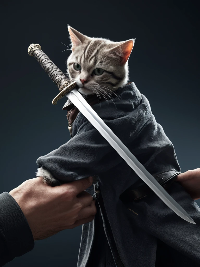 Cat,Holding a sword、Very detailed、(Supersaturation:1.3) . Extremely high resolution detail, photograph, Realism pushed to the limit, Fine texture, Incredibly realistic，Assassin&#39;s Creed