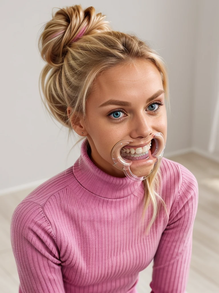 photo of a skinny blonde teen submissive wife messy long hair thrown into a messy bun ponytail. She wears: (turtleneck high ribbed pink tight sweater:1.1), submissive seductive pose, high tight ribbed neck, mouth retractor gag, perfect real photo with no mistakes 