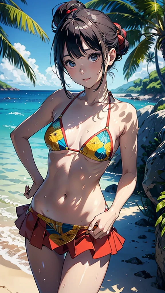 (Highest quality, masterpiece, High resolution)、(Anime Art)、 (reality)、Beautiful Japanese Women、(Two Women)、18-year-old、(Please put your hands on your hips)、(Detailed depiction of a beautiful face)、Smiling Kindly、Small breasts、Slim figure、Medium Short Hair、semi-long、Hair Bun、Wet 水着、bikini、モノキニbikini、A pareo skirt with bold ethnic patterns and plenty of primary colors、Realistic Skin、Wet、whole body、No zoom、No close-ups、Cinematic Light、Tropical colors、(Blank Background)、(White Background)、