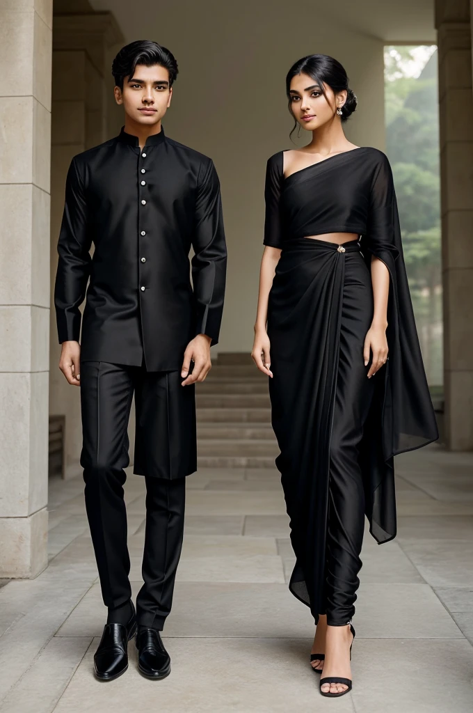 In this image, a 20-year-old girl and boy stand together, creating a striking visual contrast with their traditional attire. The girl is elegantly dressed in a black saree, which gracefully drapes around her, highlighting her youthful yet sophisticated look. Her saree, shimmering slightly in the light, exudes a sense of timeless beauty and modern charm. Beside her, the boy complements her appearance by wearing a black kurta, a classic choice that emphasizes his poised and confident demeanor. The black kurta, with its simple yet stylish design, aligns perfectly with the girl’s saree, creating a harmonious balance in their outfits. Together, they present a picture of elegance and tradition, their attire blending seamlessly to reflect a cohesive and aesthetically pleasing ensemble.