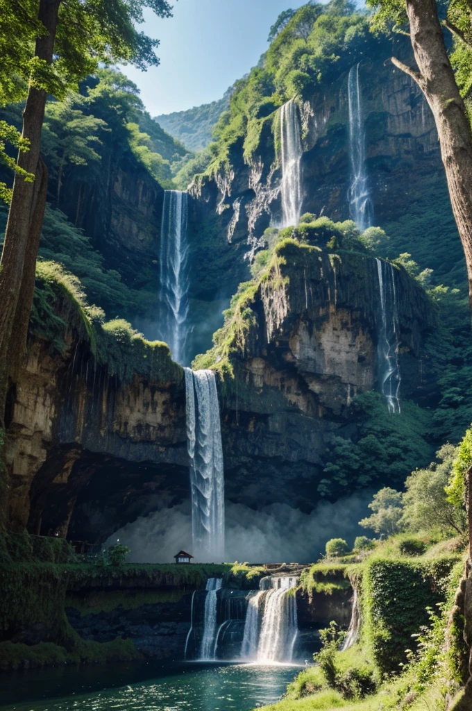 There must be a waterfall and a house in the middle of its waterfall