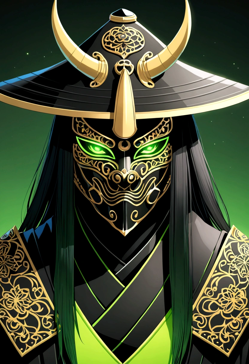 1 gatora, neon green eyes, black long straigh hair with bangs, mask covering the mouth and nose, black samurai hat, green aurea around the body