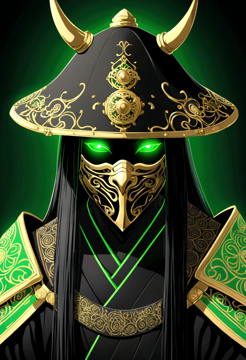 1 gatora, neon green eyes, black long straigh hair with bangs, mask covering the mouth and nose, black samurai hat, green aurea around the body 