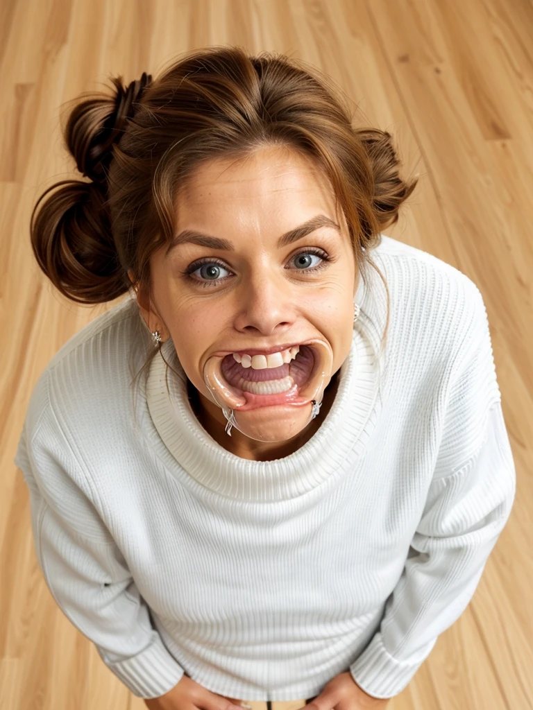 Owned prisoner wife messy long hair thrown into a messy bun ponytail. She wears: ( full turtleneck high ribbed bwhite tight sweater:1.1), seductive smile, perfect fake tits, horny eager granny, teasing sexy old lady, mouth retractor gag, turtleneck top, saliva dribble, standing looking down, camera angle is from below
