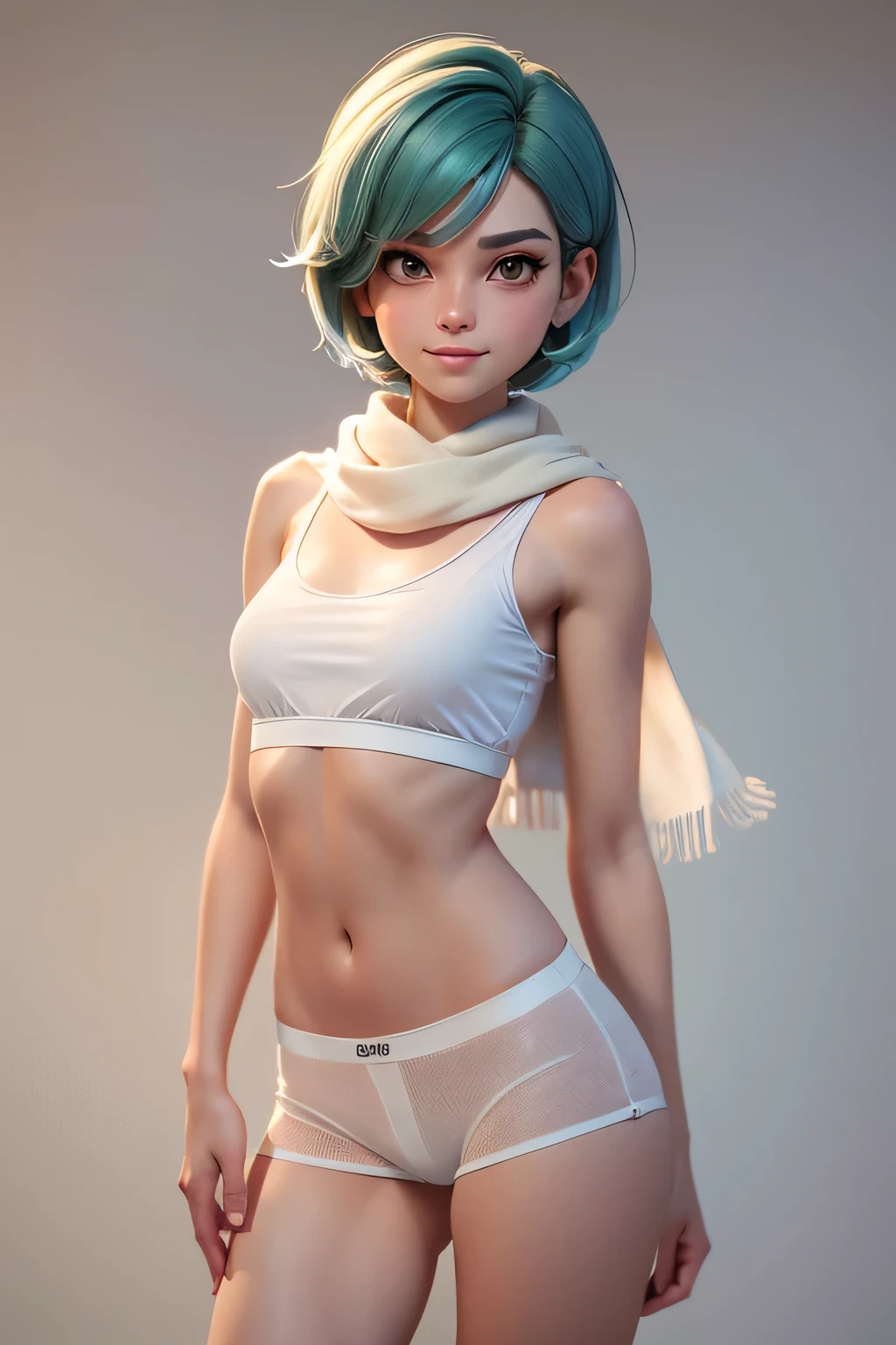 1 girl, Alone, beautiful androgynous bimbo girl, short green hair, beautiful, short, tanned skin, medium breasts, Hispano, just pending, white shirt, parts, beautiful, 20 year old woman, beautiful, blushes1 girl, {Alone}, Upper part of the body ,{{ {looking at the viewer}}}, arm at the side, conceptual art, white bottom, simple bottom, Best Quality, Masterpiece, Dynamic Angle, Transparent_bottom, backlighting, absurdities, High resolution, ultra detailed, by the chestnut, brown eyes, just clothes, scarf.short pants , smilling