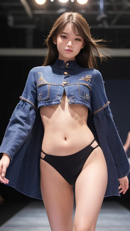 A girl walking down the runway at a fashion show, thigh, (Clothes made entirely from thread:1.5), (High resolution:1.3), (16K, Realistic, RAW Photos, Best image quality: 1.4), (One Girl), Beautiful Face, (Lively Faces), Beautiful hairstyle, Realistic eyes, Beautiful and exquisite, (Realistic Skin), Beautiful skins, charm, 超High resolution, Surreal, High detail, Golden Ratio, Highly detailed cute girl,(20-year-old), Nipples, Belly button