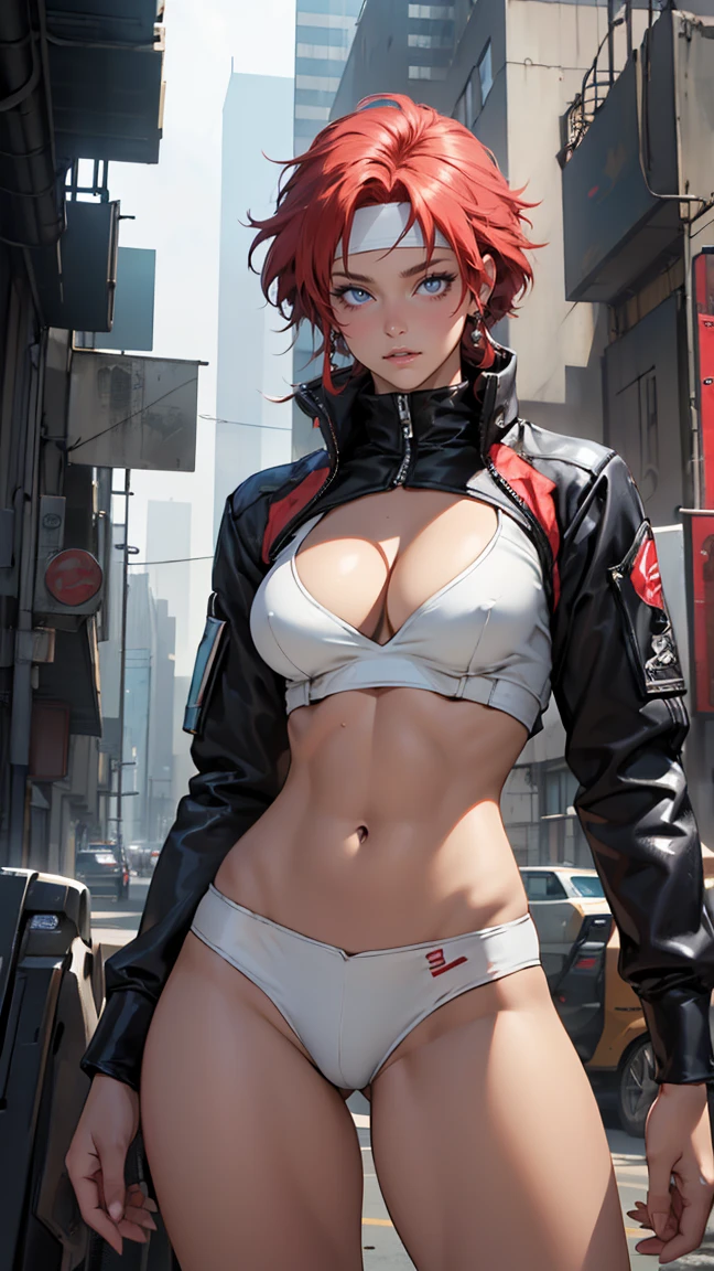 ((Masterpiece, highest quality; 1.3)), super quality, beautiful detail, super detailed, extra fine, 16K, exquisite, absurd, high resolution, beautiful background, detailed background, beautiful eyes, beautiful skin, anime style, Kay from Dirty Pair in a white outfit, tight outfit, cleavage, bushy redhead beauty, very light blue uniform, wearing tight clothes, skimpy, (mid chest: 1.2), cleavage, cleavage, slim waist , thin waist, slim thighs, thin legs, slim legs. thigh gap, showing stomach, skinny, thin hips, cyberpunk city background, holding retro space gun , headband,