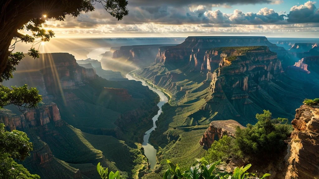 Photorealistic image taken with a Fuji X-T5, showing a breathtaking birds-eye view of a grand canyon-like ravine captured from a high-altitude drone during a dramatic sunset. The weather is very dark, cloudy, rainy, and foggy, with sun beams breaking through the clouds creating beautiful lens flares. The canyon features deep, rugged cliffs with jagged edges and lush, verdant foliage clinging to its sides. A turquoise river winds through the bottom of the canyon, with waterfalls cascading down the cliffs, adding to the ethereal atmosphere. Mist rises from the canyon floor, blending with the fog, creating a mystical, summer fever dream effect. The scene includes a vibrant, surreal tone, with the digital screen glitching subtly to enhance the dreamlike quality. The environment showcases aquatic cosmopolitan tropical foliage, including Ludwigia, Hornwort, and large green leaf plants, along with a verdant rainforest in the background. The image captures the dynamic transition from day to night, with the canyon shining brightly amidst the gloomy weather."