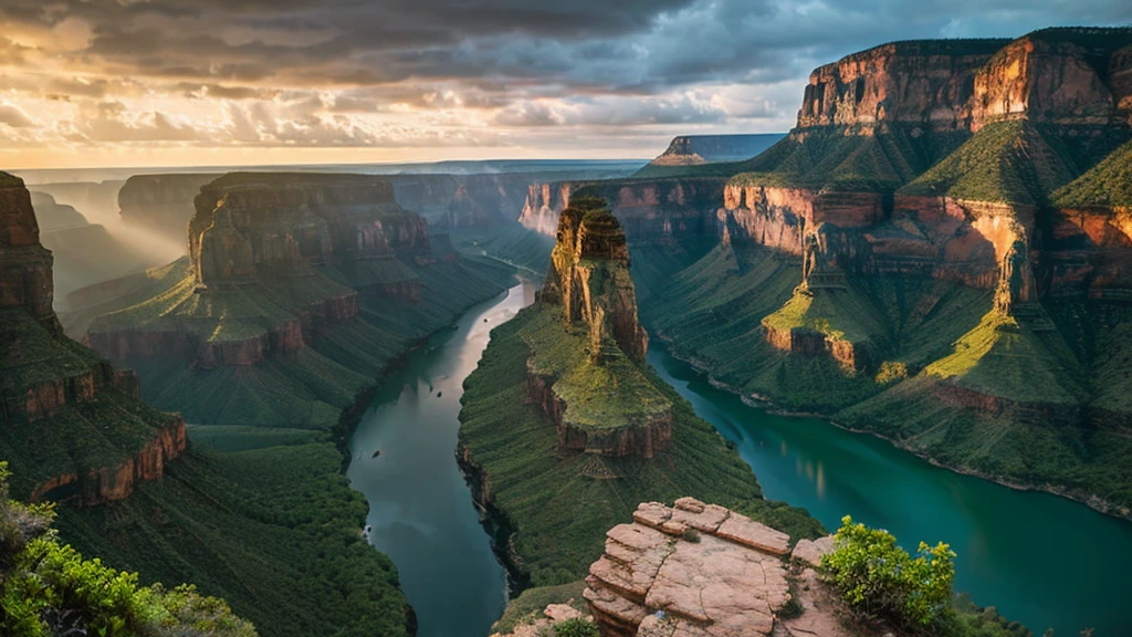 Photorealistic image taken with a Fuji X-T5, showing a breathtaking birds-eye view of a grand canyon-like ravine captured from a high-altitude drone during a dramatic sunset. The weather is very dark, cloudy, rainy, and foggy, with sun beams breaking through the clouds creating beautiful lens flares. The canyon features deep, rugged cliffs with jagged edges and lush, verdant foliage clinging to its sides. A turquoise river winds through the bottom of the canyon, with waterfalls cascading down the cliffs, adding to the ethereal atmosphere. Mist rises from the canyon floor, blending with the fog, creating a mystical, summer fever dream effect. The scene includes a vibrant, surreal tone, with the digital screen glitching subtly to enhance the dreamlike quality. The environment showcases aquatic cosmopolitan tropical foliage, including Ludwigia, Hornwort, and large green leaf plants, along with a verdant rainforest in the background. The image captures the dynamic transition from day to night, with the canyon shining brightly amidst the gloomy weather."