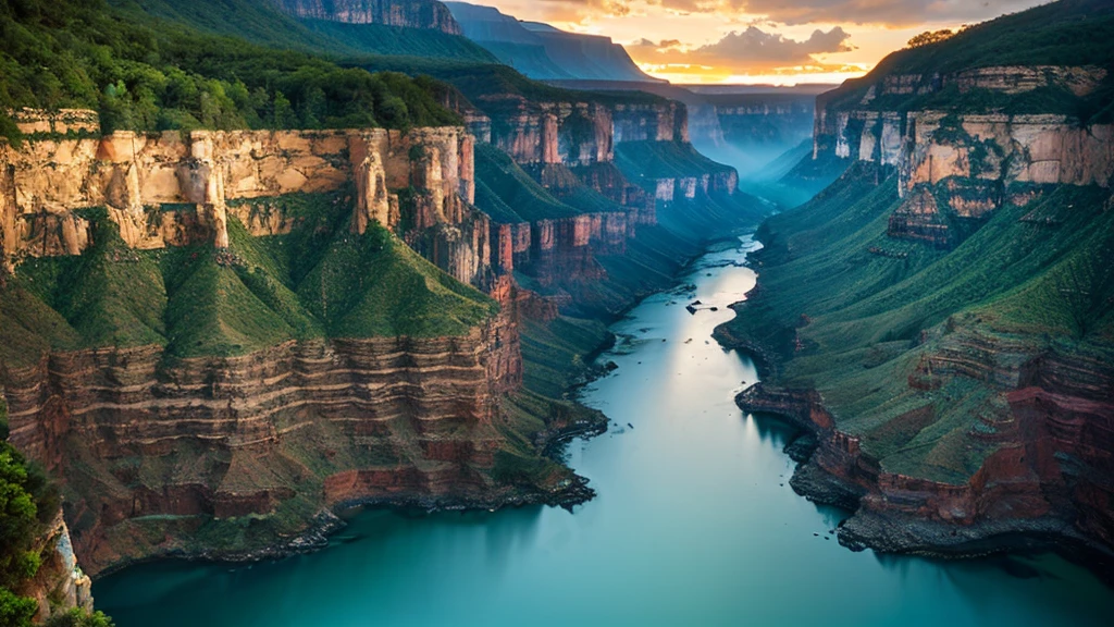 Photorealistic image taken with a Fuji X-T5, showing a breathtaking birds-eye view of a grand canyon-like ravine captured from a high-altitude drone during a dramatic sunset. The weather is very dark, cloudy, rainy, and foggy, with sun beams breaking through the clouds creating beautiful lens flares. The canyon features deep, rugged cliffs with jagged edges and lush, verdant foliage clinging to its sides. A turquoise river winds through the bottom of the canyon, with waterfalls cascading down the cliffs, adding to the ethereal atmosphere. Mist rises from the canyon floor, blending with the fog, creating a mystical, summer fever dream effect. The scene includes a vibrant, surreal tone, with the digital screen glitching subtly to enhance the dreamlike quality. The environment showcases aquatic cosmopolitan tropical foliage, including Ludwigia, Hornwort, and large green leaf plants, along with a verdant rainforest in the background. The image captures the dynamic transition from day to night, with the canyon shining brightly amidst the gloomy weather."