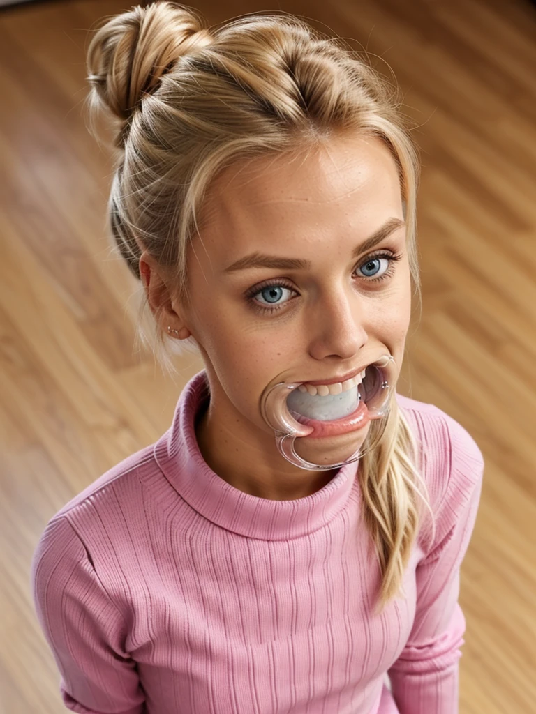 photo of a skinny blonde teen submissive wife messy long hair thrown into a messy bun ponytail. She wears: (turtleneck high ribbed pink tight sweater:1.1), submissive seductive pose, high tight ribbed neck, mouth retractor gag,