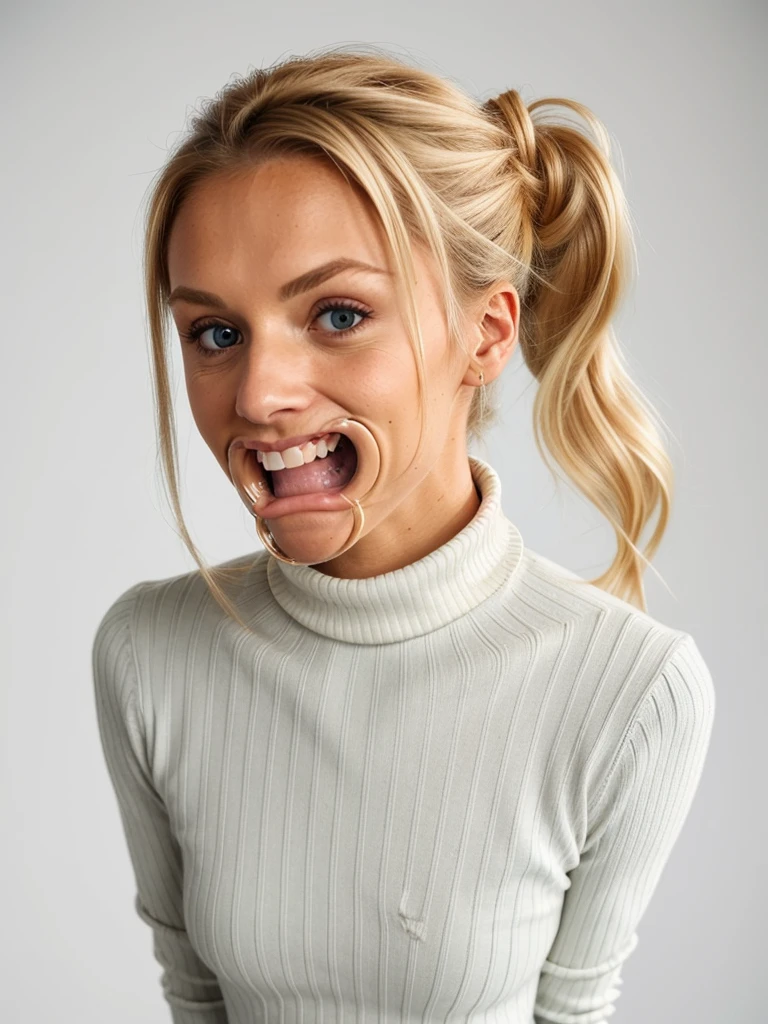 photo of a skinny blonde submissive wife messy long hair thrown into a messy bun ponytail. She wears: (turtleneck high ribbed bright white tight sweater:1.1), submissive seductive pose, high tight ribbed neck, seductive smile, perfect fake tits, horny eager granny, teasing sexy old lady, mouth retractor gag, turtleneck top