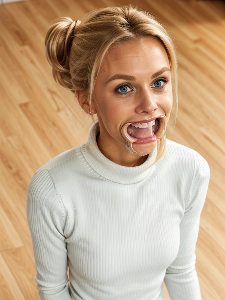photo of a skinny blonde submissive wife messy long hair thrown into a messy bun ponytail. She wears: (turtleneck high ribbed bright white tight sweater:1.1), submissive seductive pose, high tight ribbed neck, seductive smile, perfect fake tits, horny eager granny, teasing sexy old lady, mouth retractor gag, turtleneck top